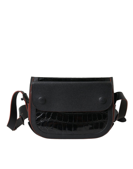 Black leather crossbody bag with red trim