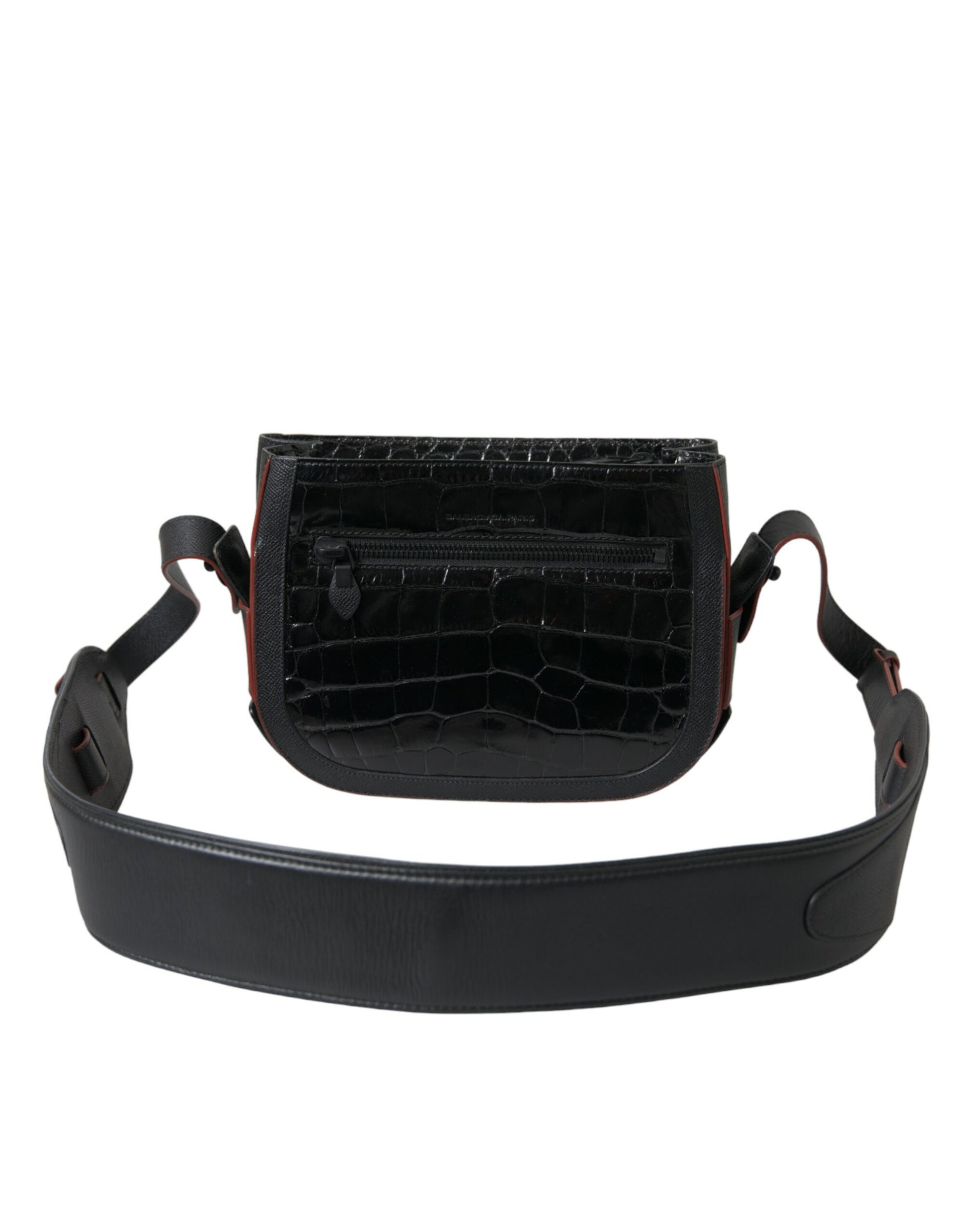 Black leather crossbody bag with red stitching