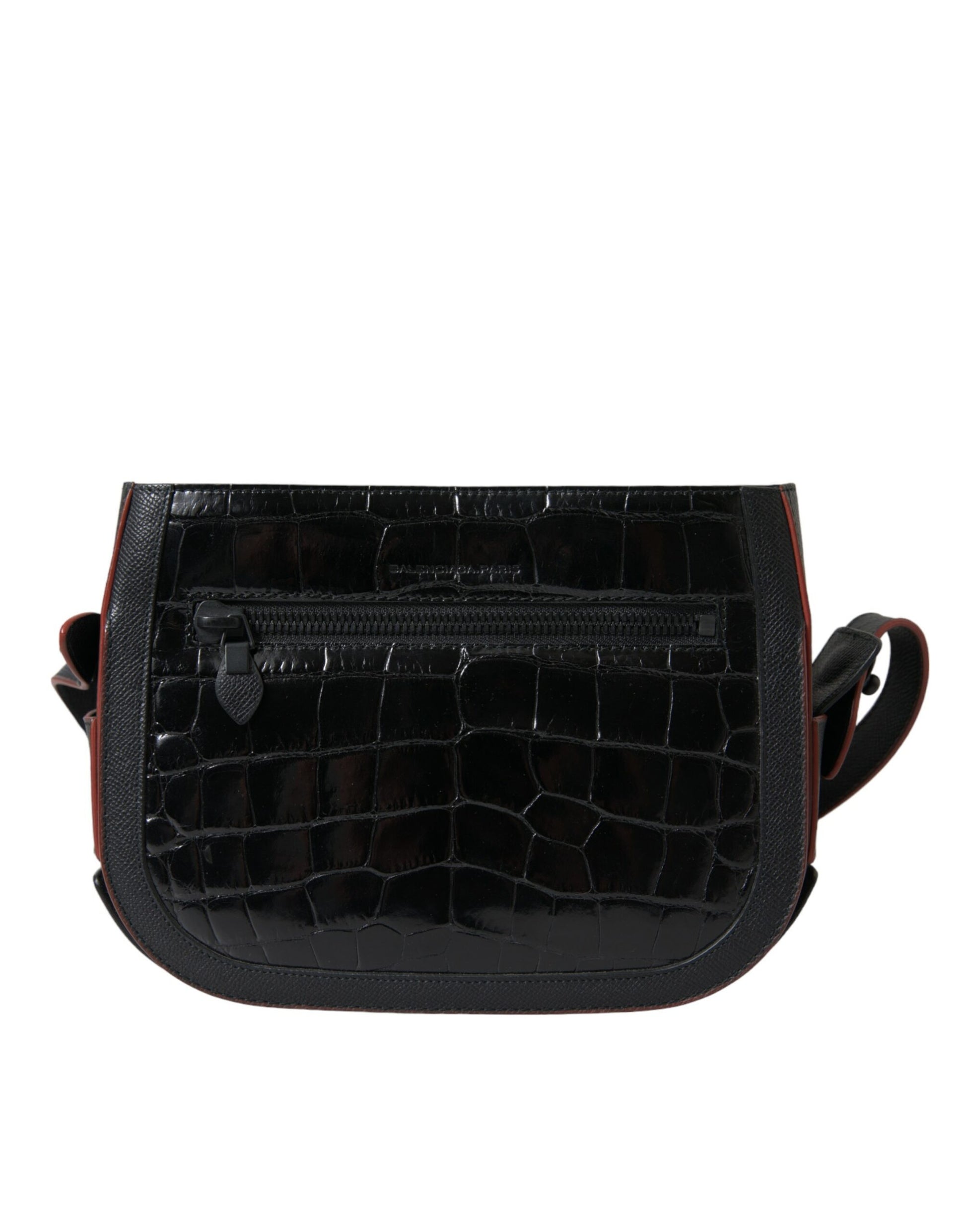 Black crocodile skin crossbody bag with red trim