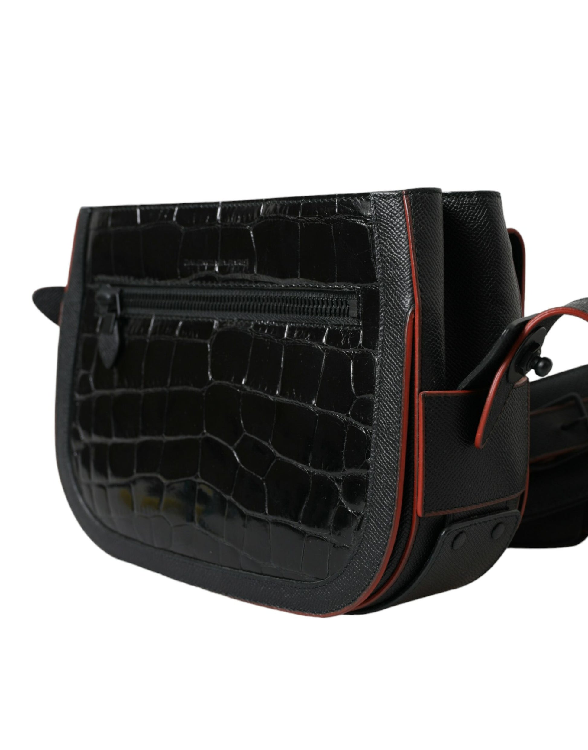 Black crocodile skin crossbody bag with red trim