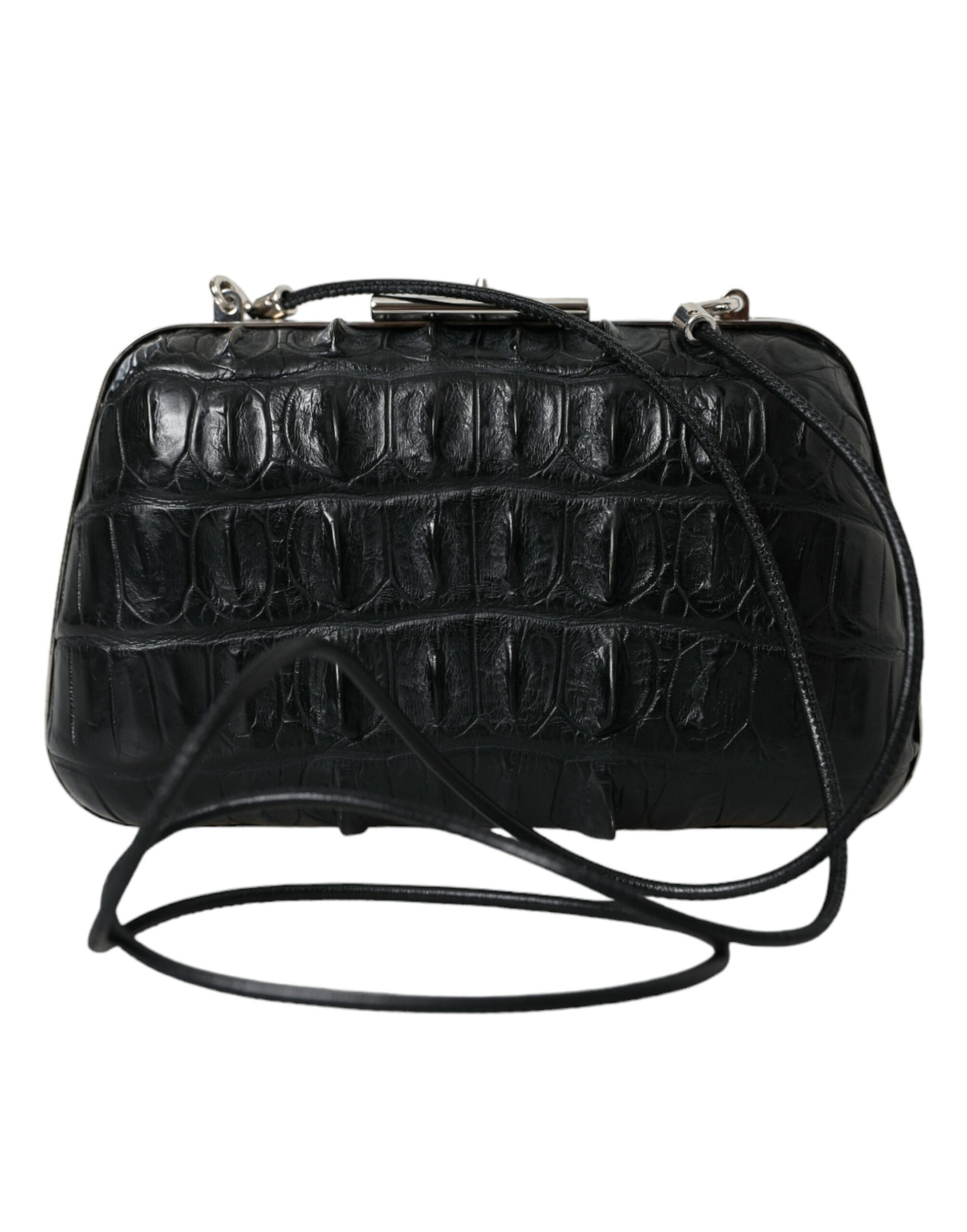 Black leather handbag with metal hardware