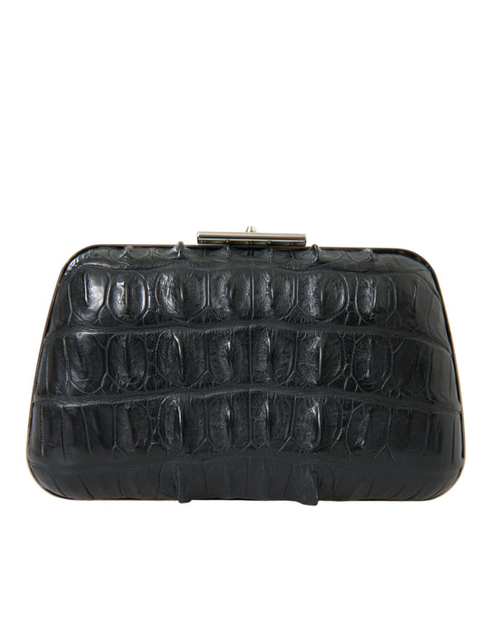 Black crocodile skin handbag with gold accents