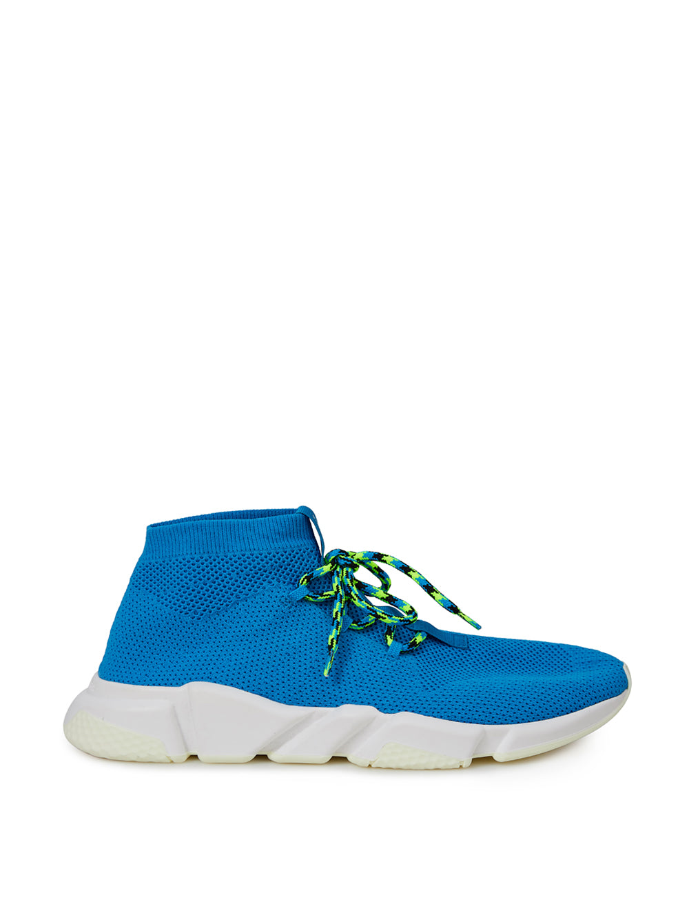 Blue and white high top sneaker with laces and a pull tab on the heel