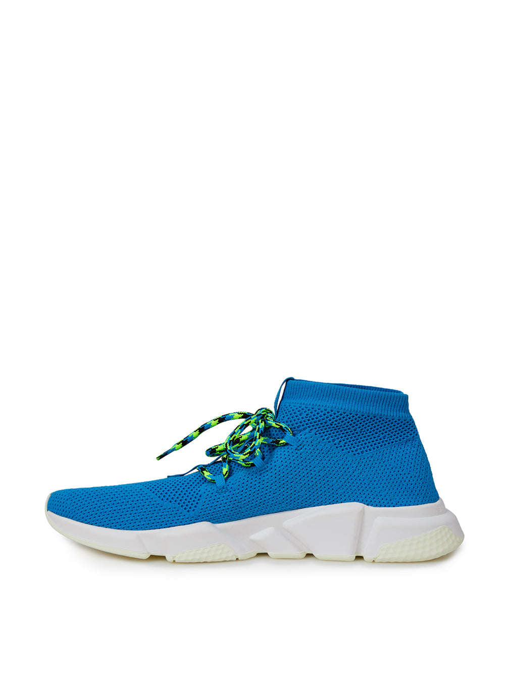 Blue and white sneaker with laces and a pull tab on the tongue