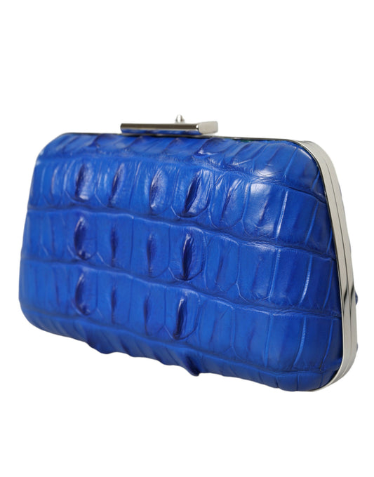 Blue crocodile skin clutch purse with silver hardware