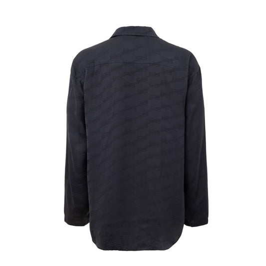A dark blue dress shirt with a patterned back