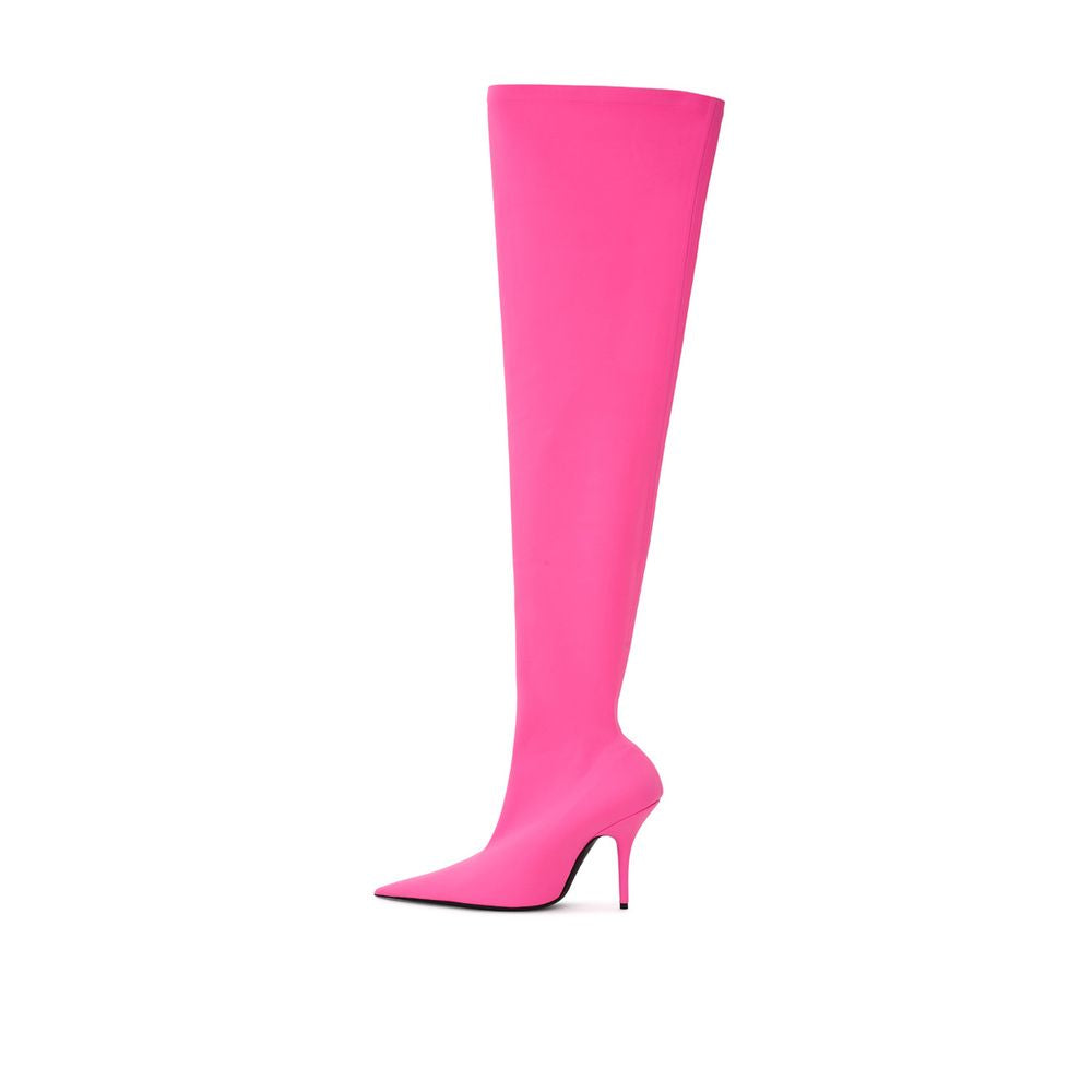 Pink knee high boot with pointed toe and stiletto heel