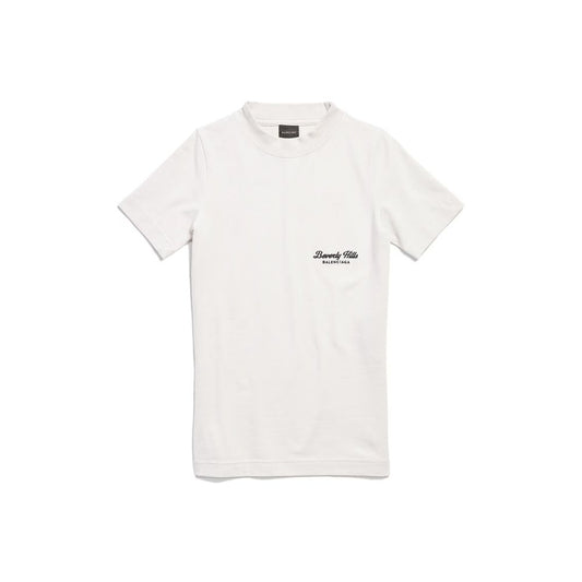 White short sleeved t-shirt with black text on front