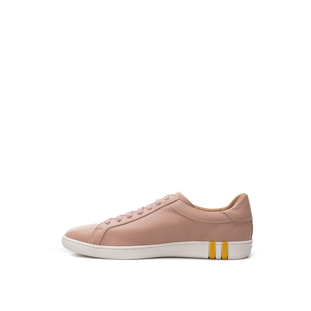 Pink and white sneaker with yellow stripe on side