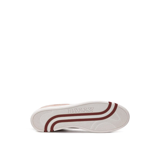 A single pink leather low top sneaker with a white sole and red stripe detailing