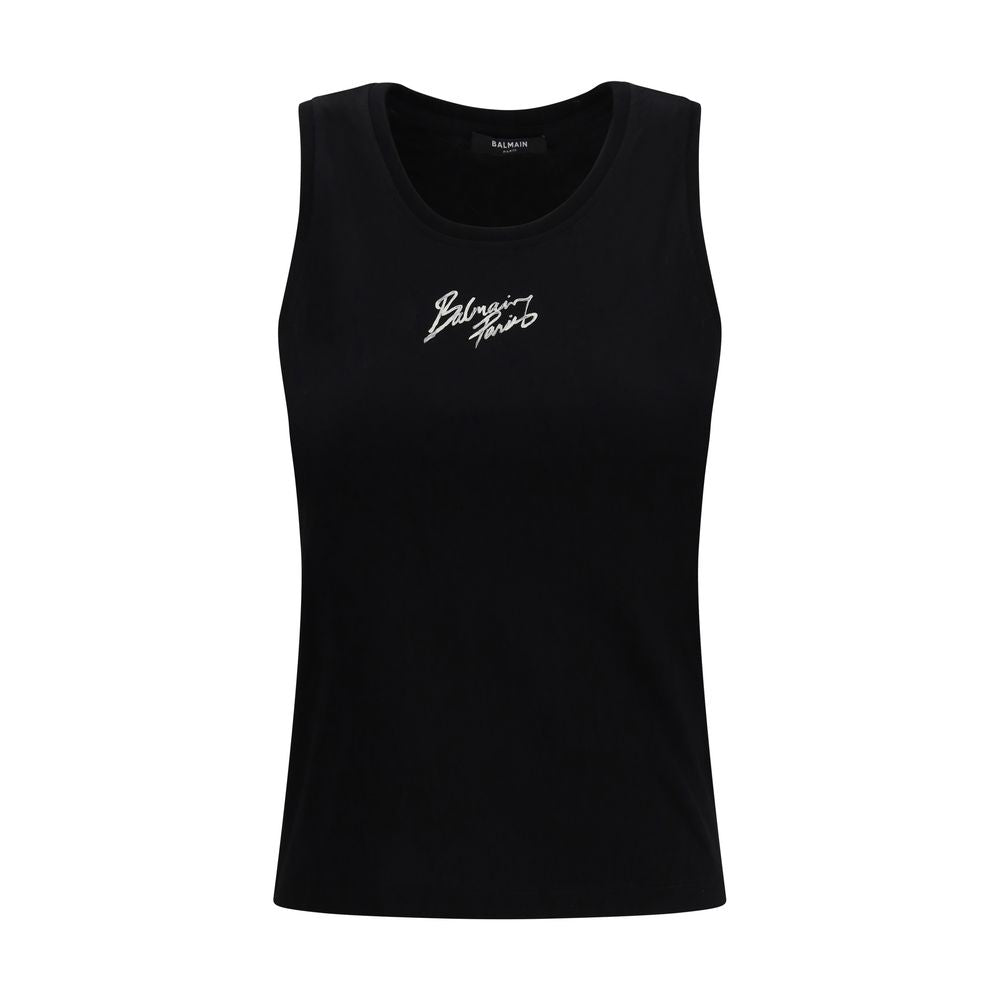 Black tank top with white lettering on front