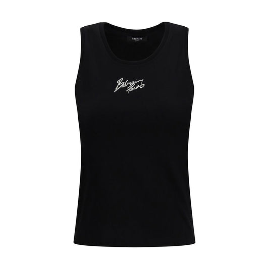 Black tank top with white lettering on front
