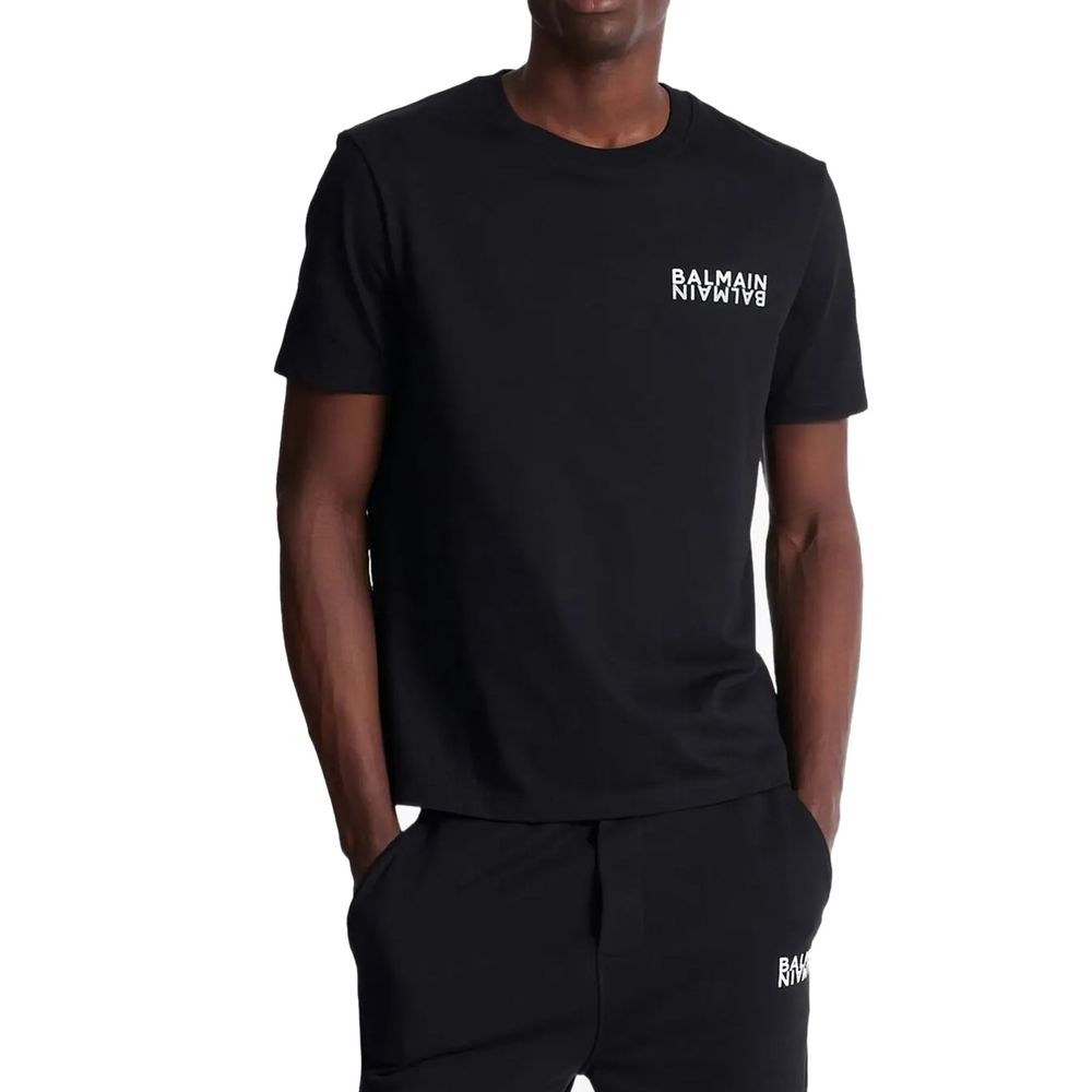 Black cotton t-shirt with white logo on front