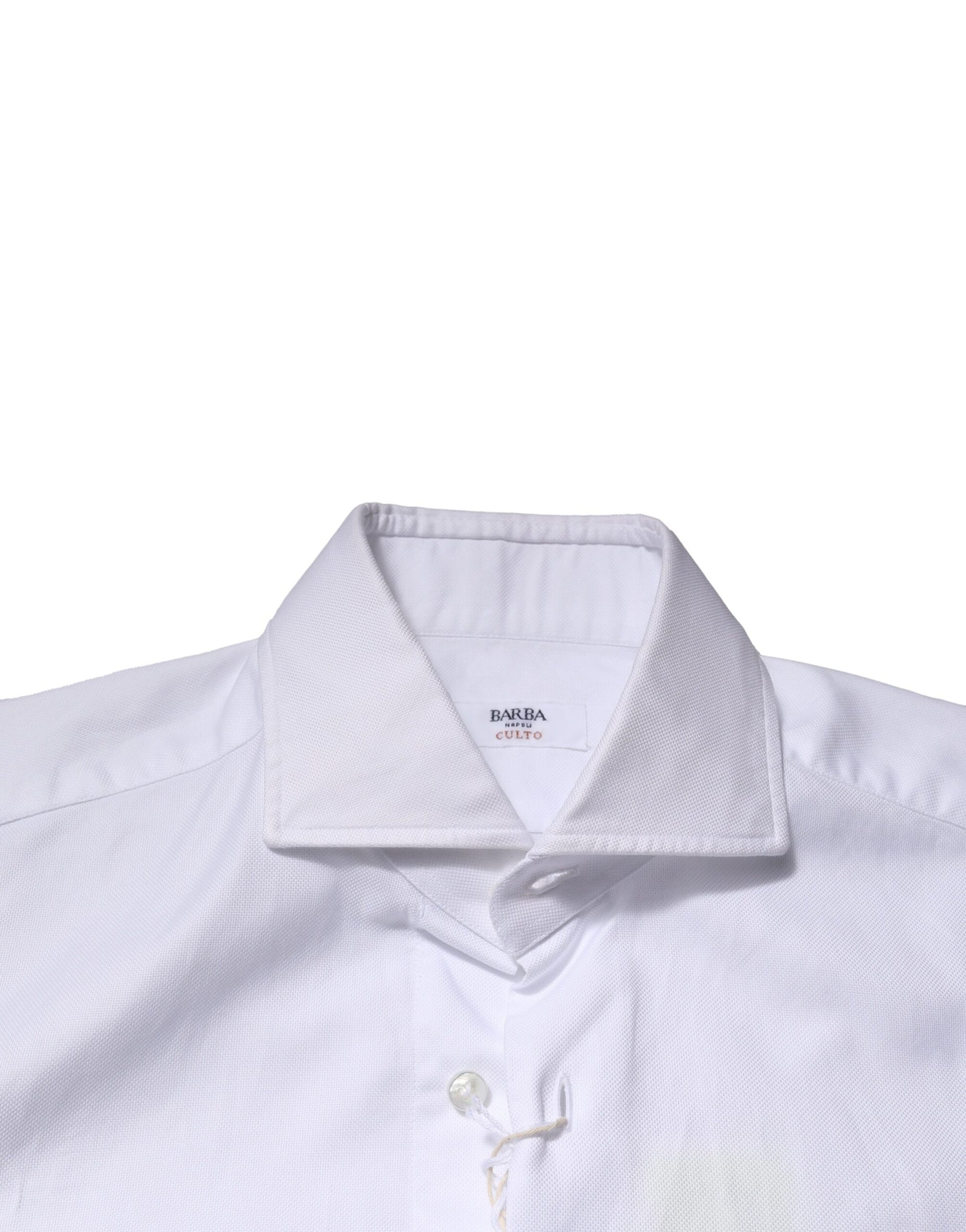 A white long sleeve collared dress shirt with a button-up front