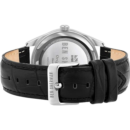 A black leather watch with a silver buckle from Ben Sherman