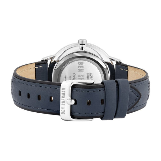 A blue leather watch with a silver buckle and white face, featuring black numbers and hands