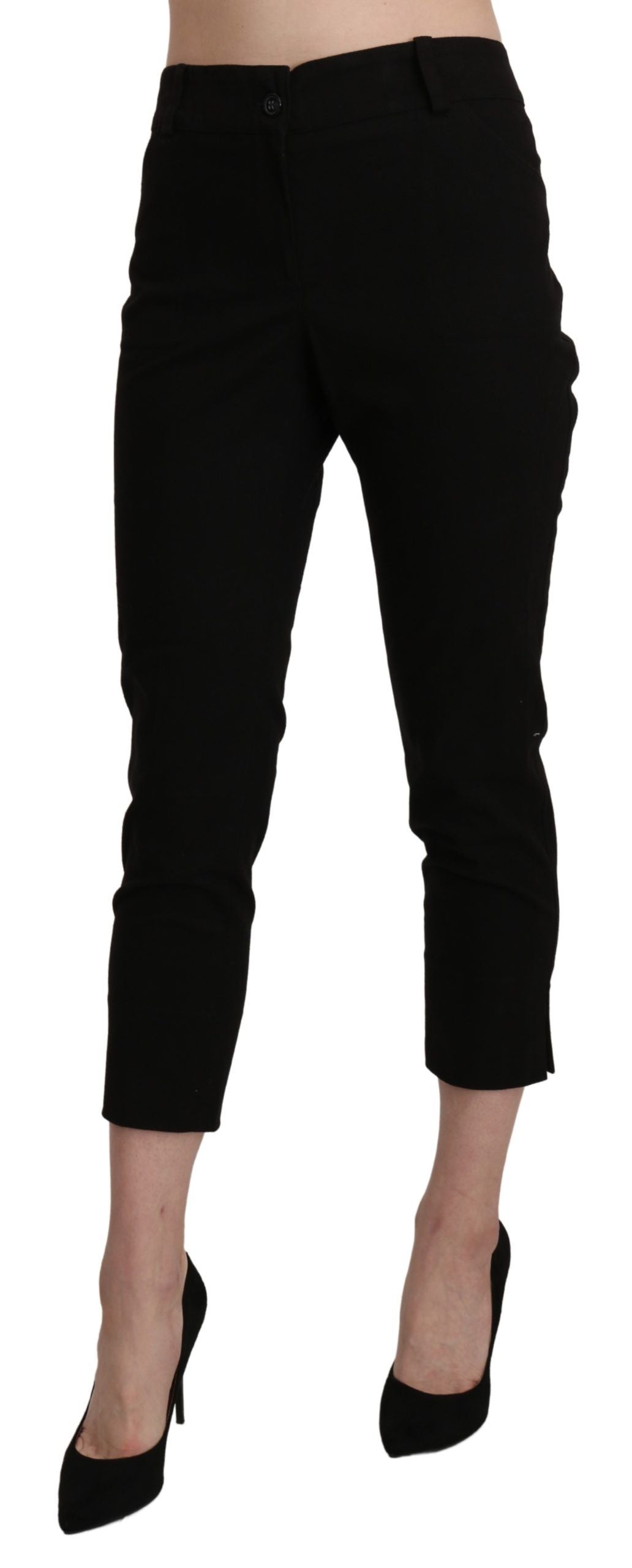 A pair of black high waist skinny cropped dress trousers