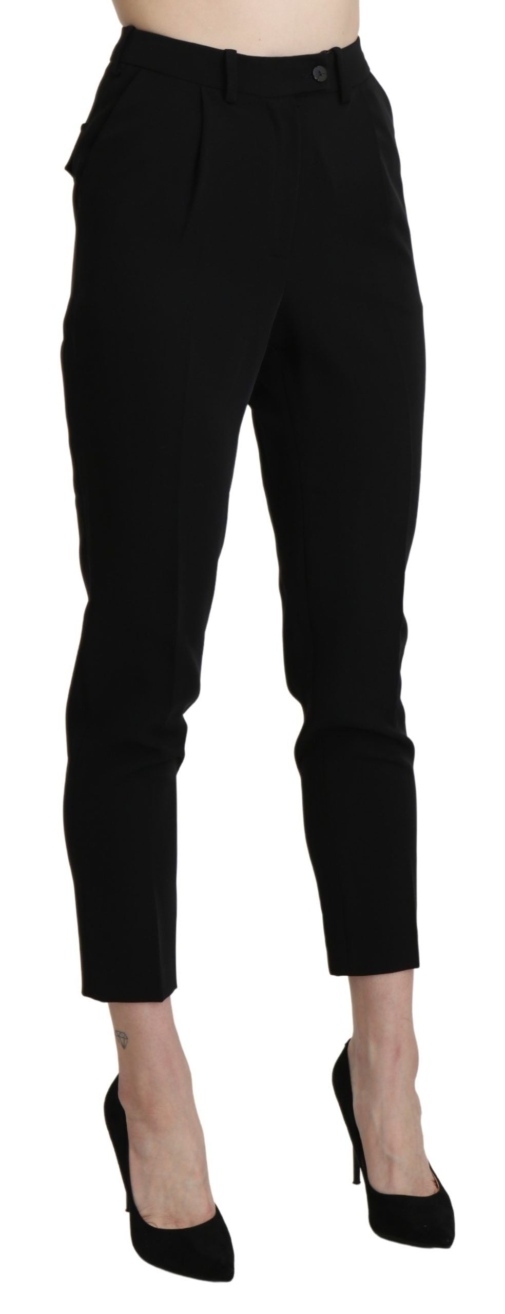 A pair of black high waist skinny cropped dress trousers