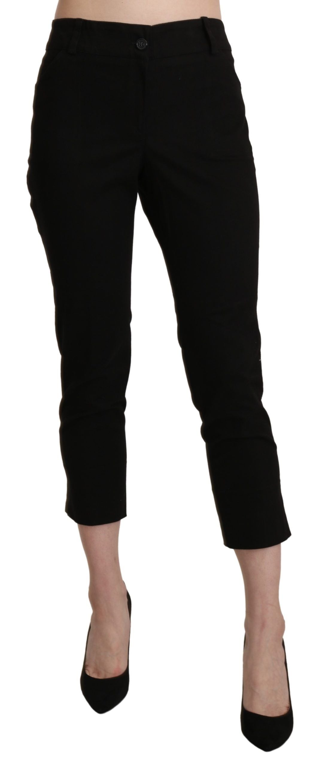A pair of black high waist skinny cropped dress trousers