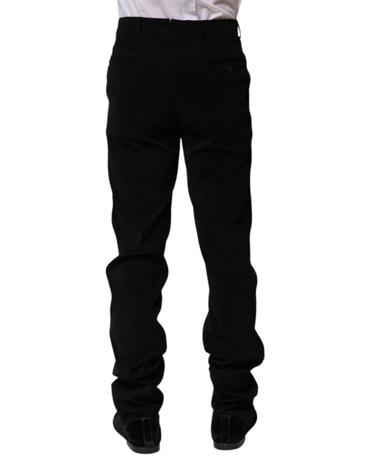 A pair of black mid-waist dress pants with a formal design
