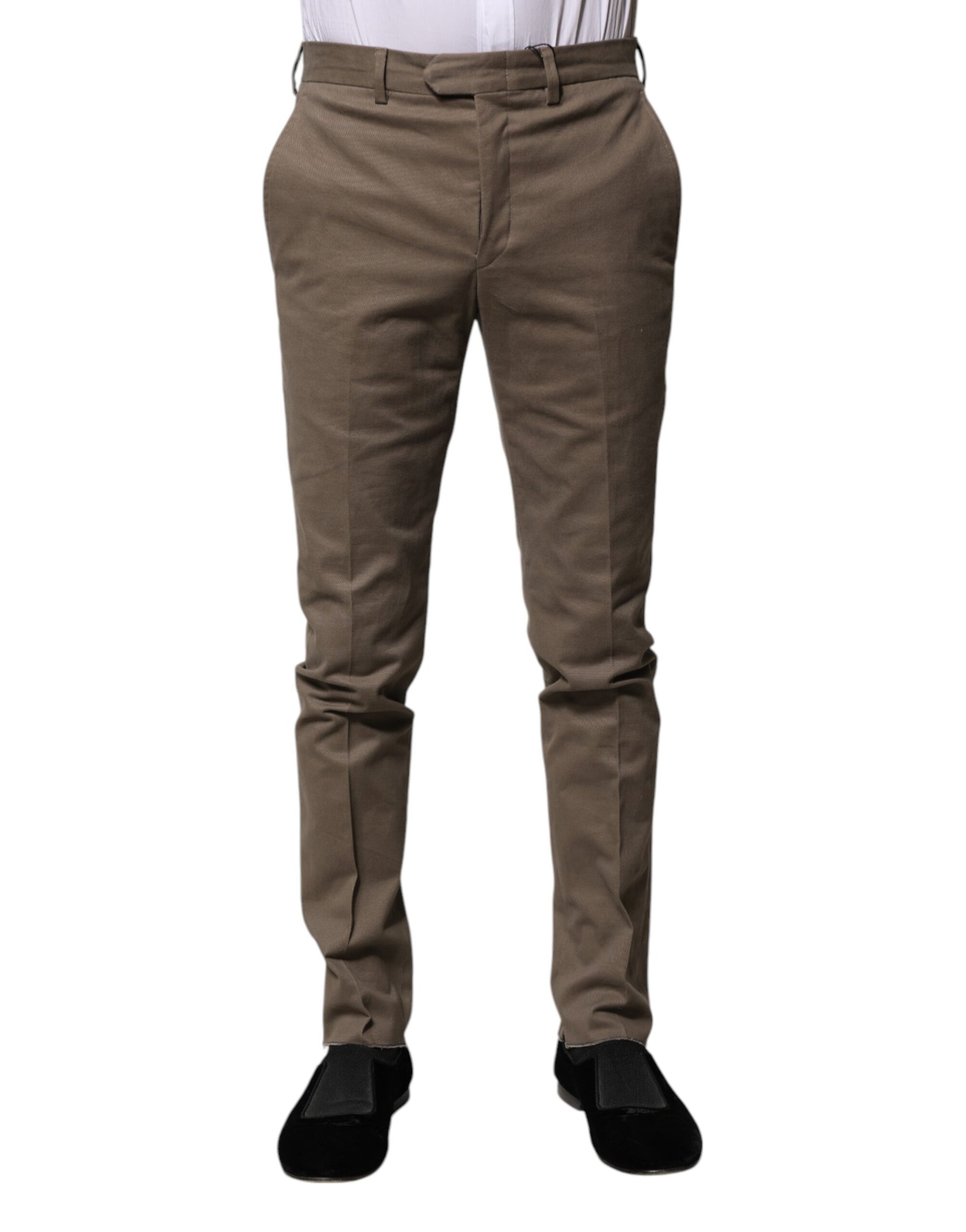 Men's brown cotton tapered formal dress pants with a slim fit