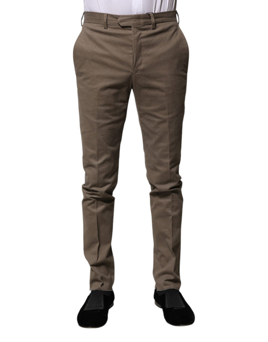 Men's brown cotton tapered formal dress pants with a slim fit