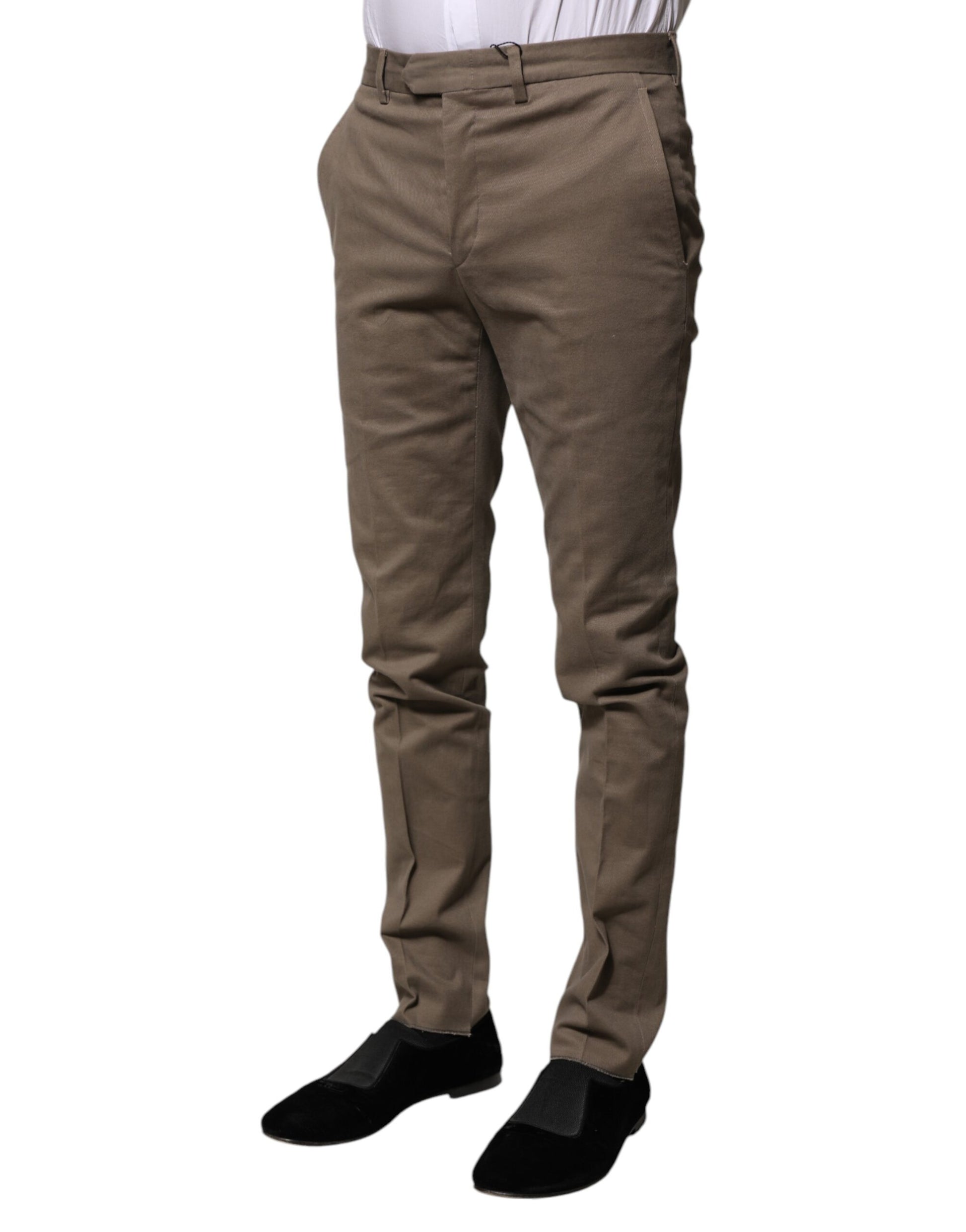 Men's brown tapered formal dress pants with a slim fit and belt loops