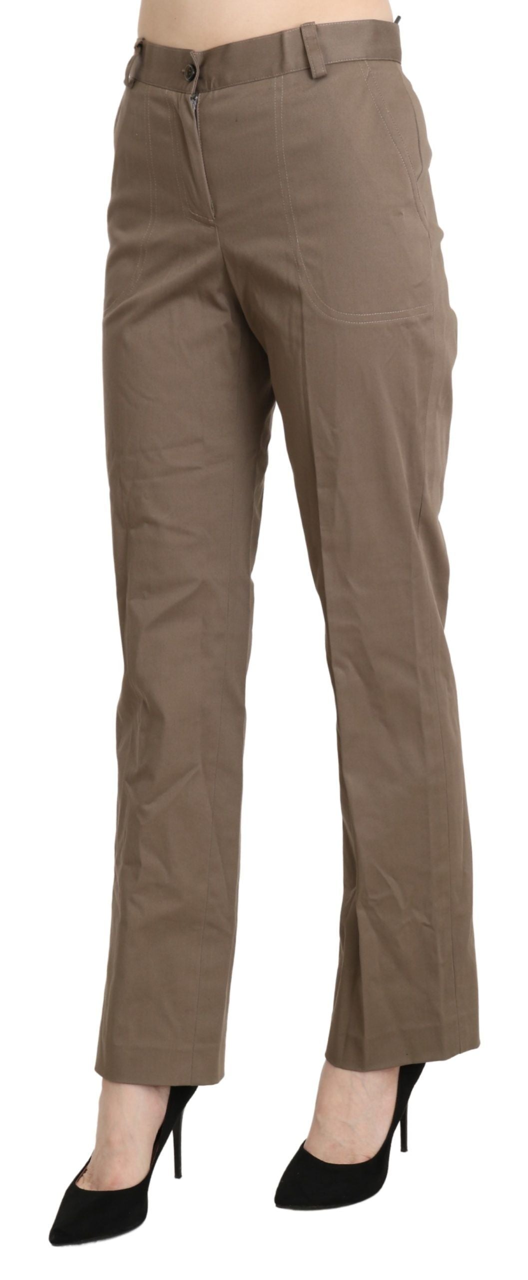 Brown high waist straight dress trousers with two pockets on the front