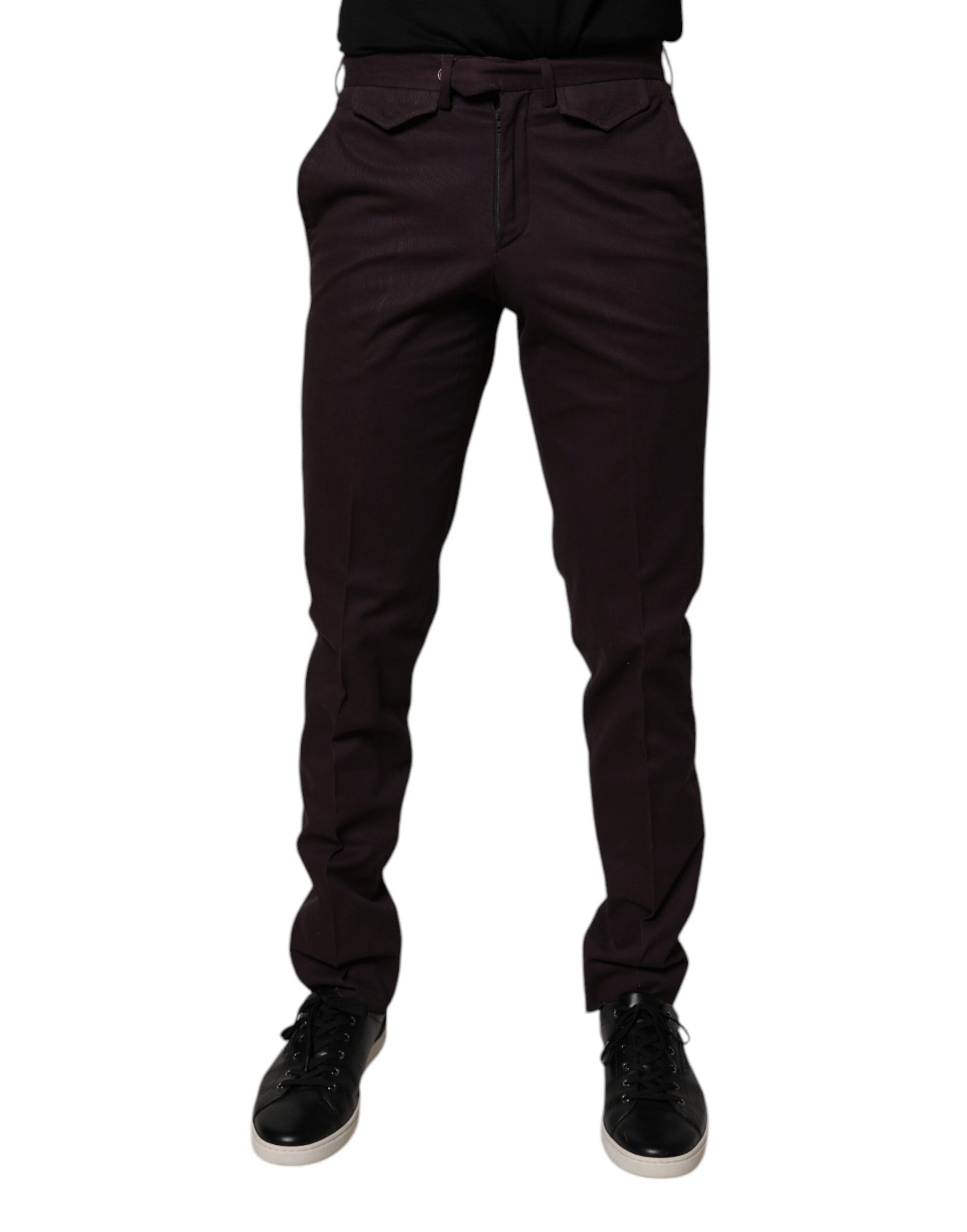 Dark brown slim fit men's dress pants with zippered front closure