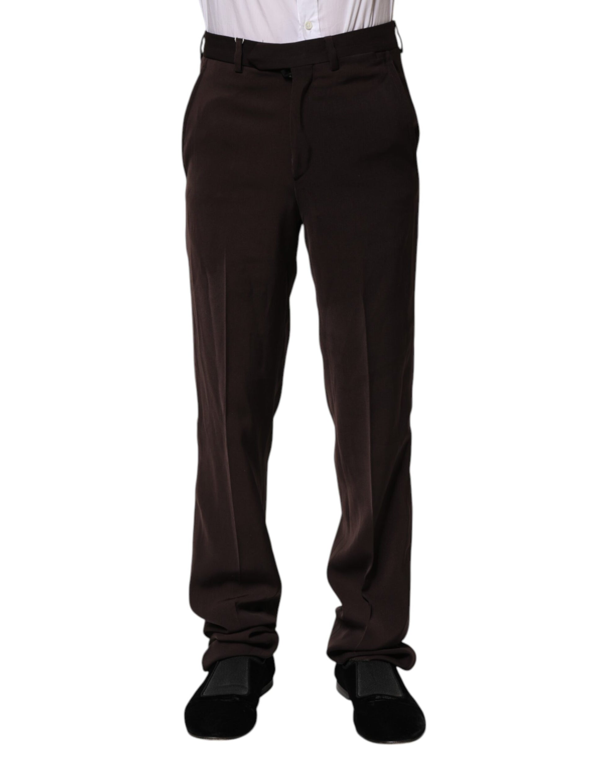 A pair of dark brown mid waist dress pants