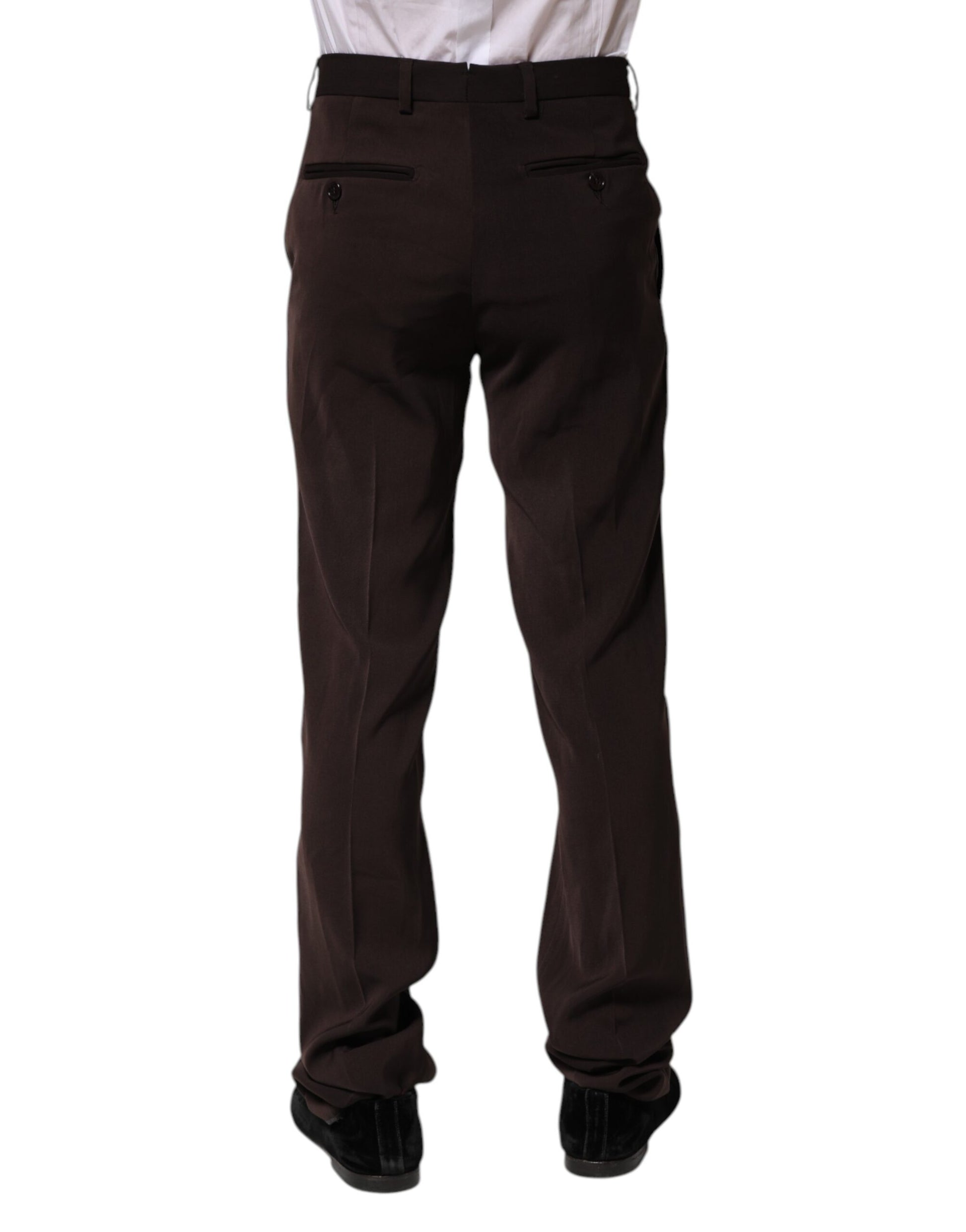 A pair of dark brown mid-waist dress pants with a button and zipper front