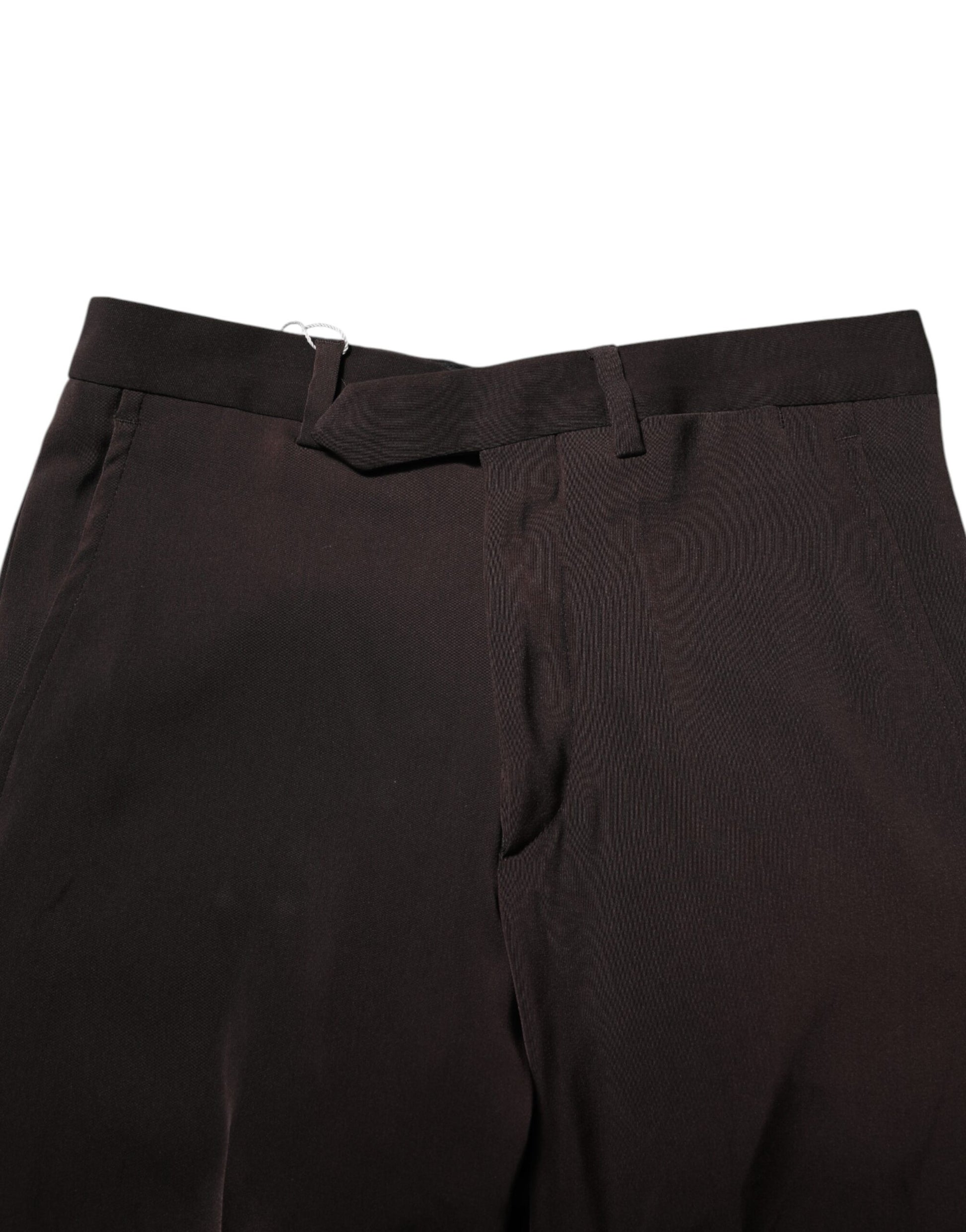 A pair of dark brown mid-waist dress pants with a textured fabric and visible stitching