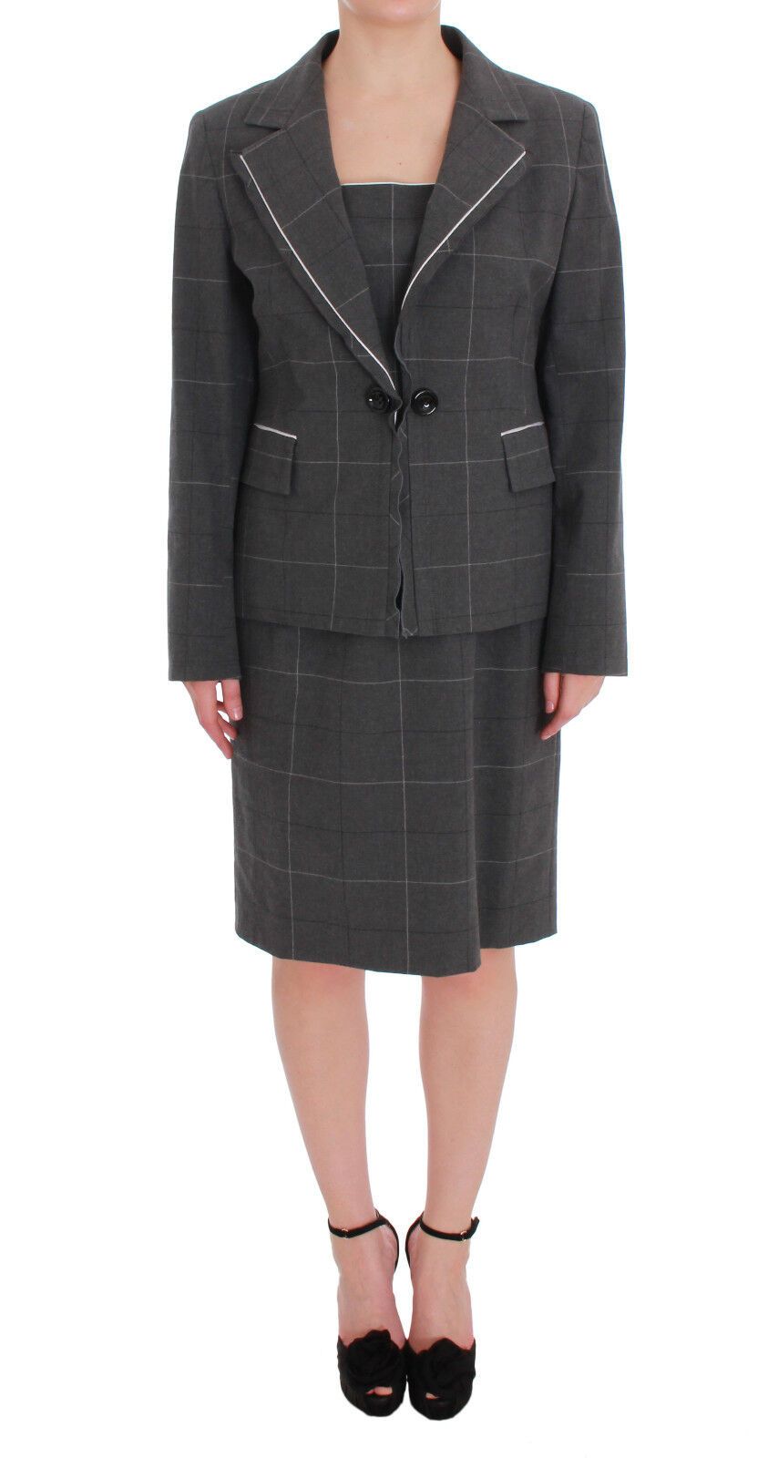 A gray checkered blazer dress set with a matching skirt and jacket