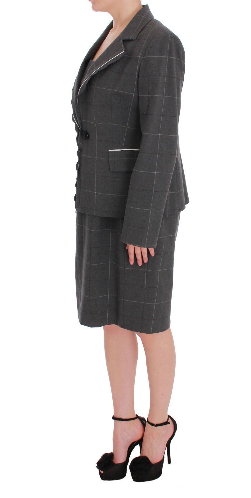 A gray checkered blazer dress set with a matching skirt and heels