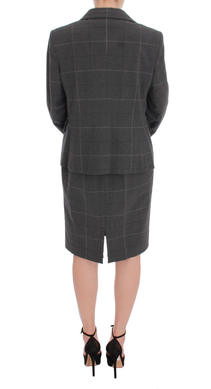 A gray checkered blazer dress set with a matching skirt and jacket