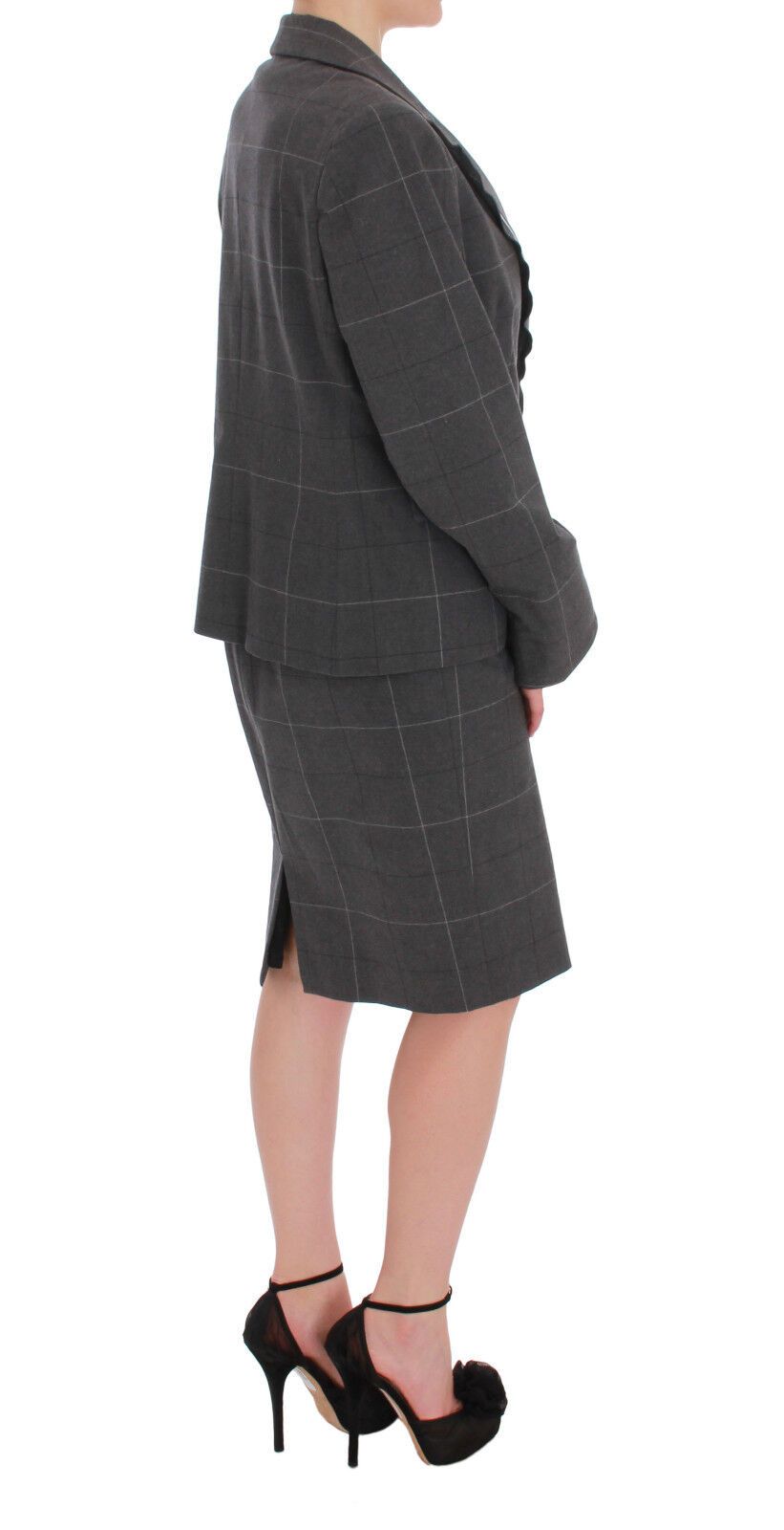 A gray checkered blazer dress set with a matching skirt and jacket
