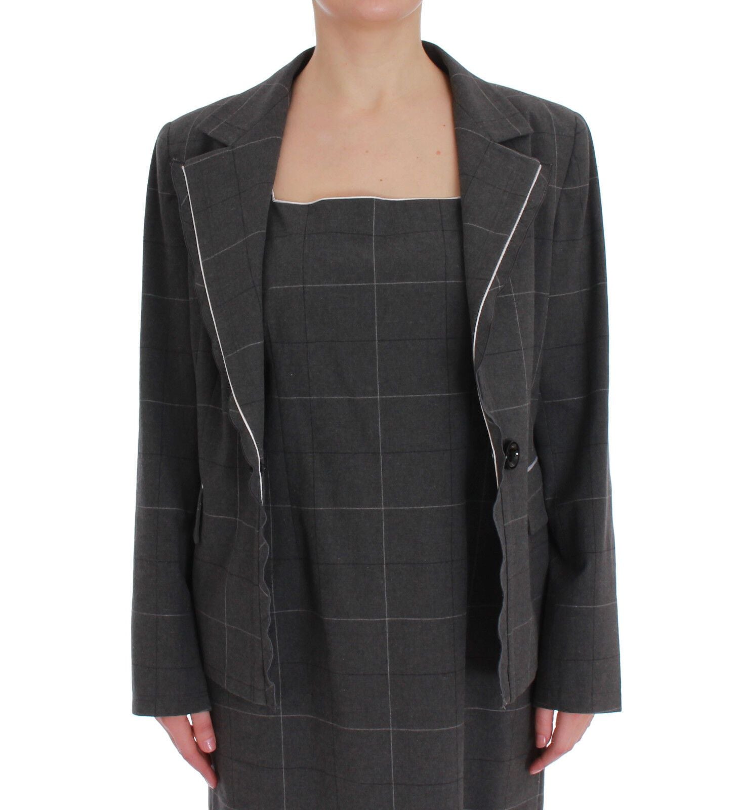 A gray checkered blazer dress set with a matching skirt, designed by Bencivenga