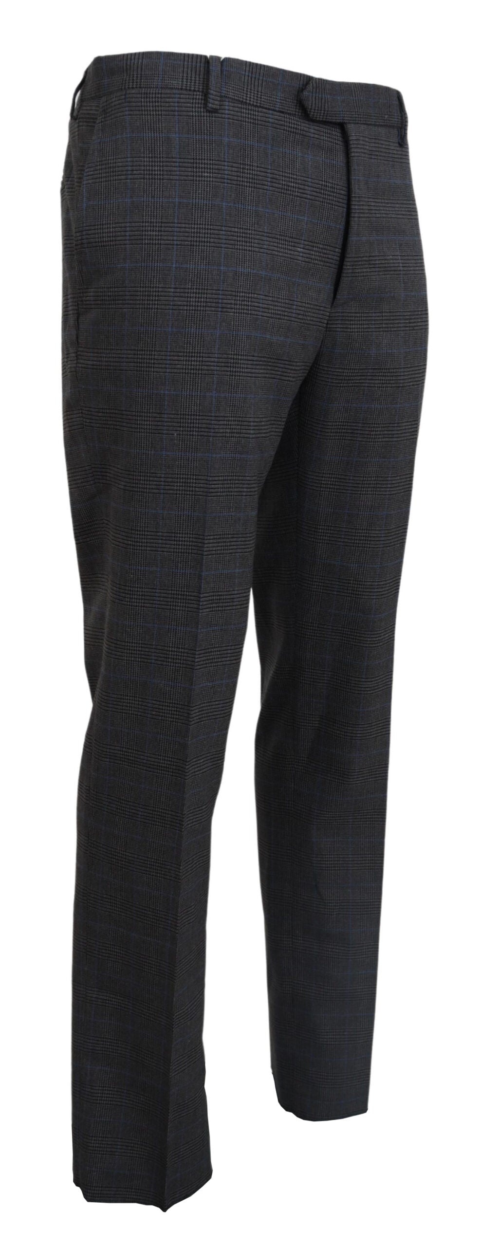 A pair of gray checkered wool dress pants