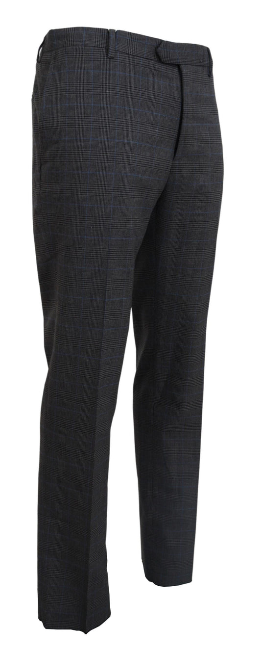 A pair of gray checkered wool dress pants