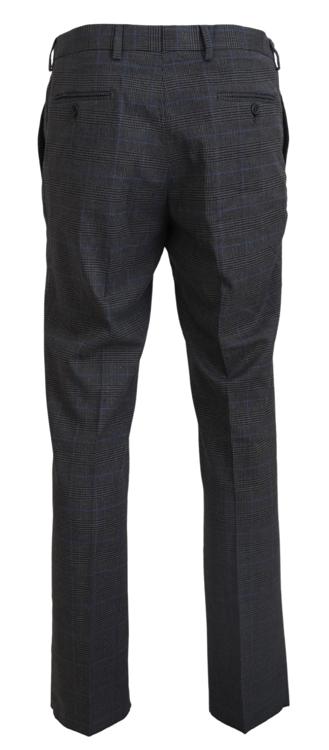 A pair of gray checkered wool dress pants