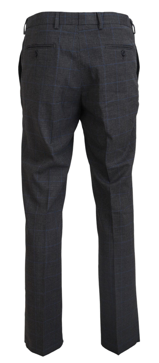 A pair of gray checkered wool dress pants