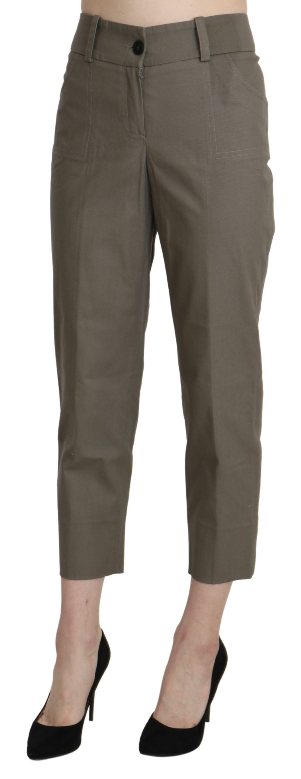 A pair of gray high waist cropped dress trousers