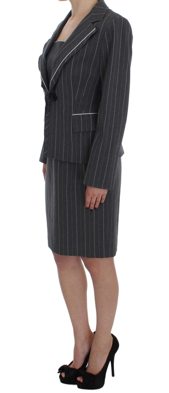 A gray pinstripe suit with a matching blazer and skirt