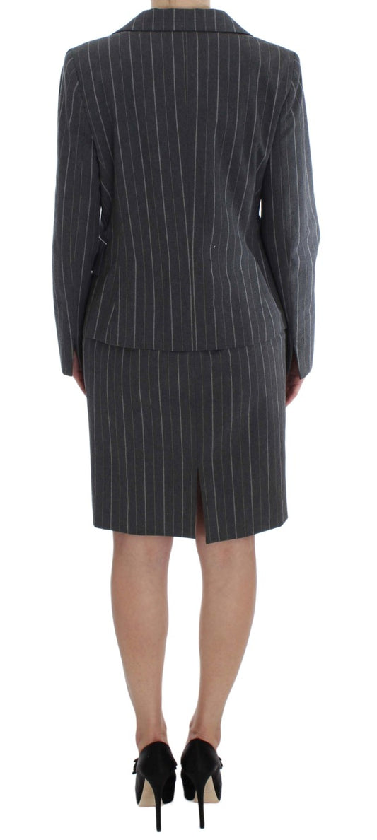 A gray pinstripe suit with a matching blazer and skirt