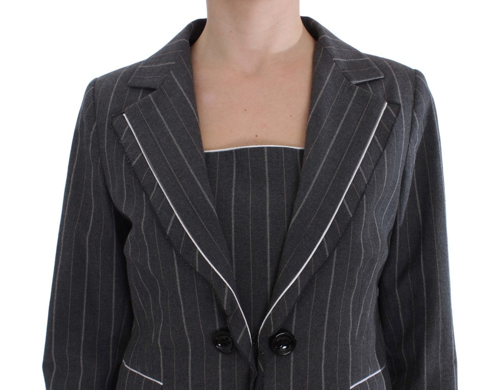 A gray pinstriped blazer with black buttons and a matching dress