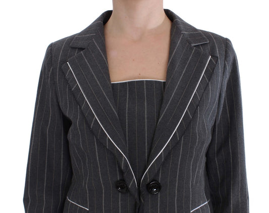 A gray pinstriped blazer with black buttons and a matching dress
