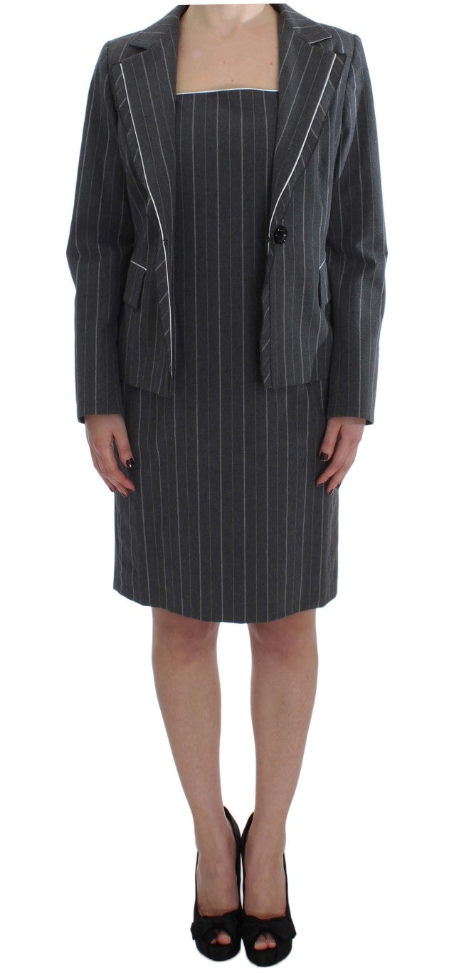 A gray pinstripe suit dress and blazer set with a sheath design