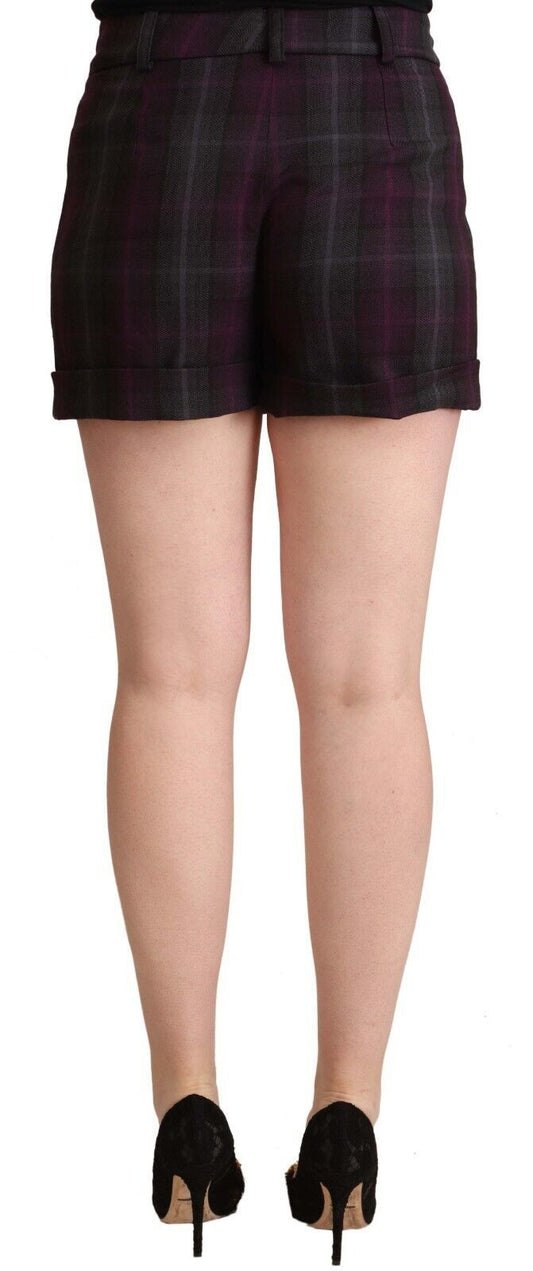 A pair of shorts with a folded hem design, featuring a multicolored checkered pattern