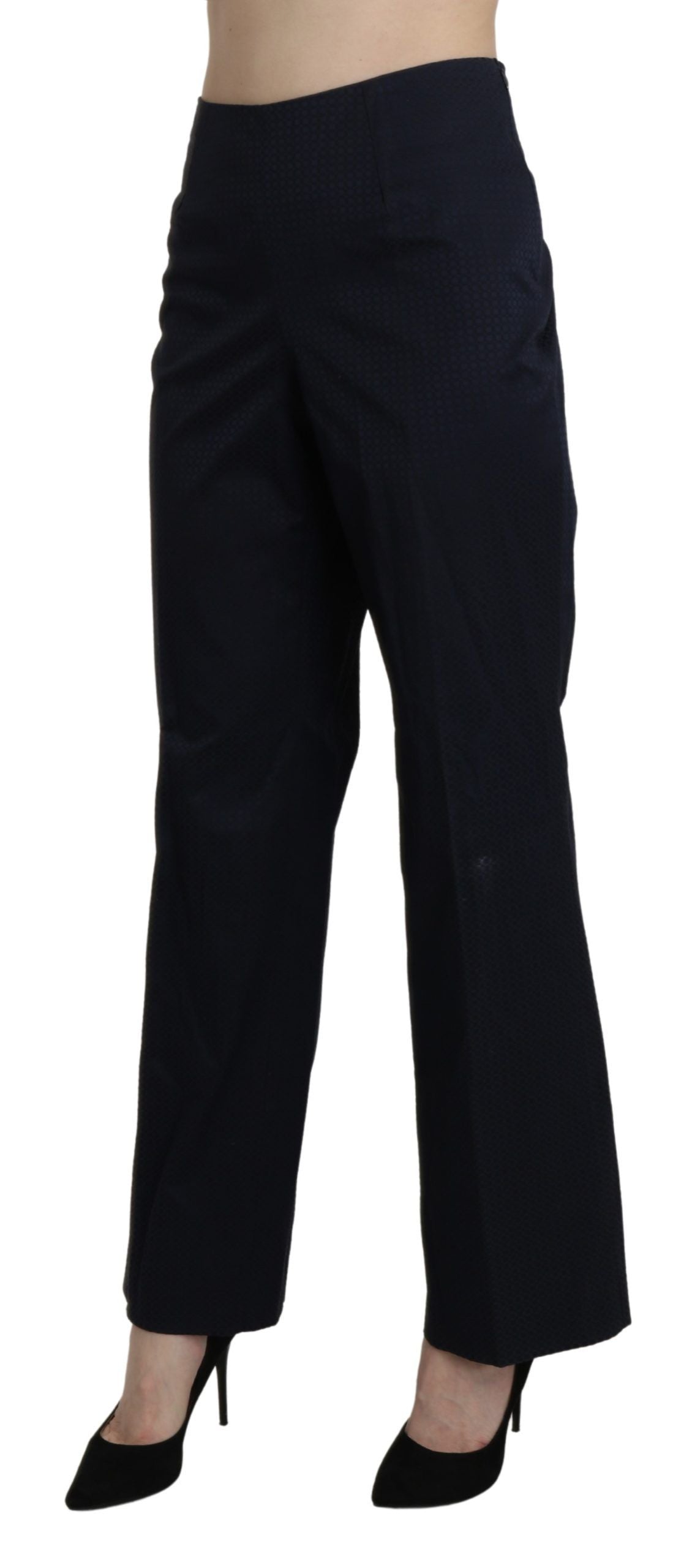 Navy blue high waist straight dress trousers with visible pockets and belt loops