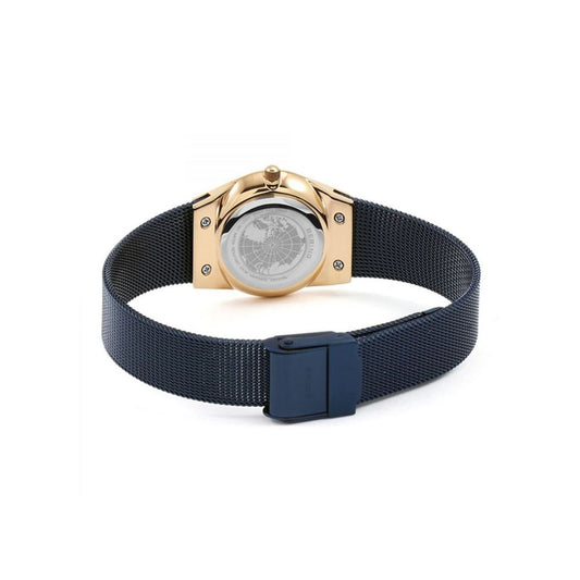 A blue strap watch with a gold case and face, featuring a compass on the side